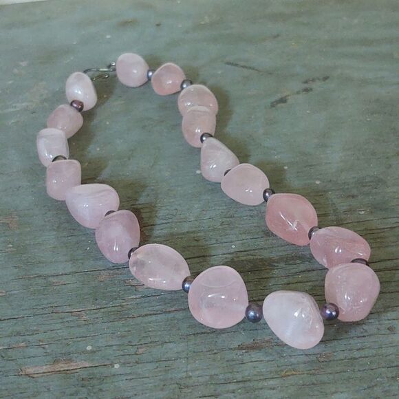 Y2K /New Pink Quartz & Genuine Gray Peacock Pearls Chunky Necklace 17" - Picture 3 of 4